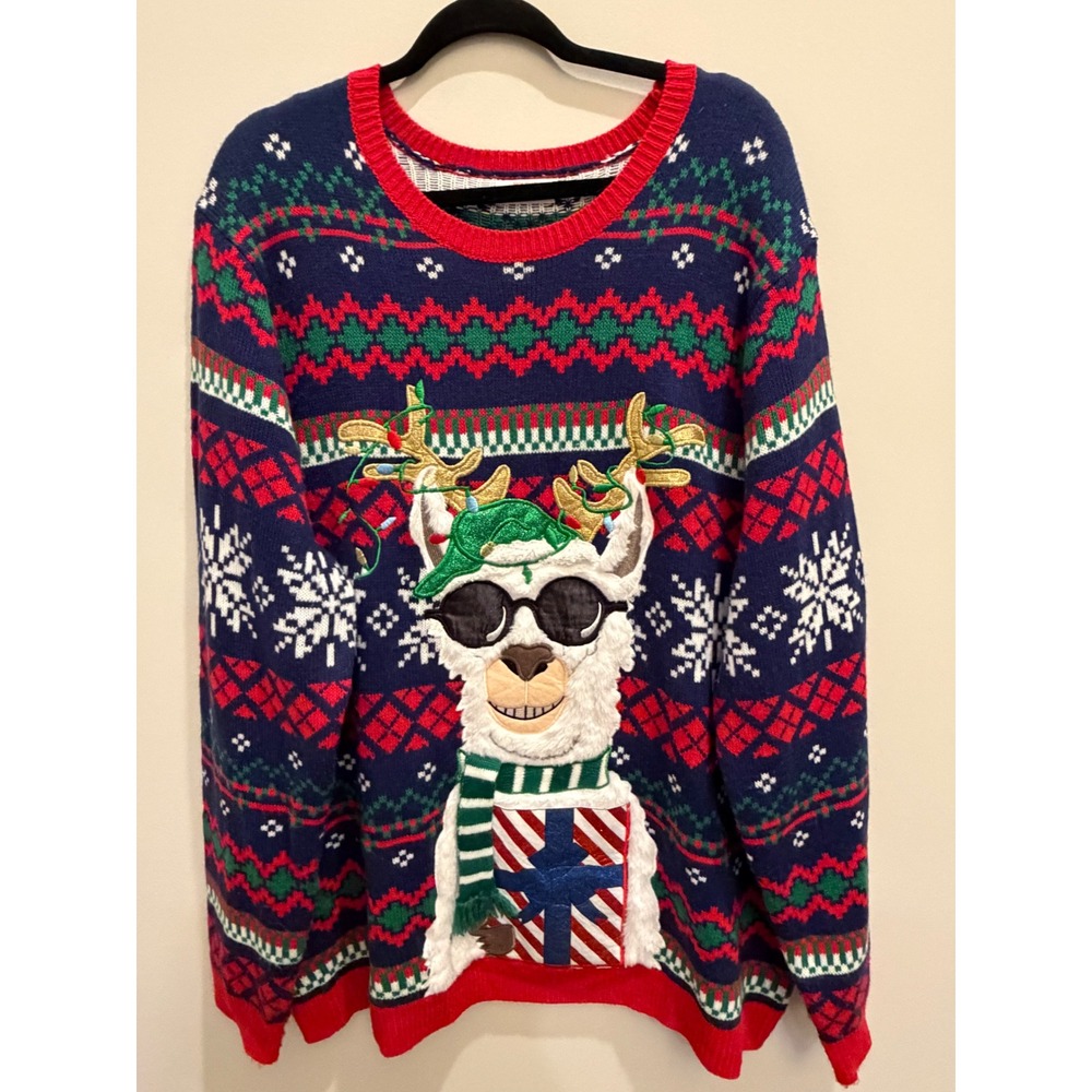 Holiday Time Men's 2XL Ugly Christmas Sweater Goat Scarf Present Pocket